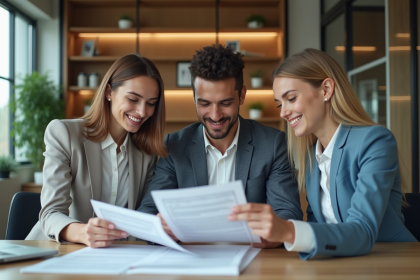 Jeune couple professionnel examinant un contrat de prêt immobilier