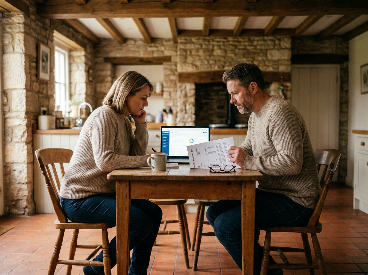 Un couple d'épargnants étudie une simulation de défiscalisation immobilière sur ordinateur dans une cuisine d'appartement ancien rénové, illustrant la réflexion autour de l'investissement dans l'immobilier ancien en 2026.