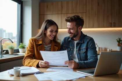 Couple souriant discutant de finances dans un appartement moderne