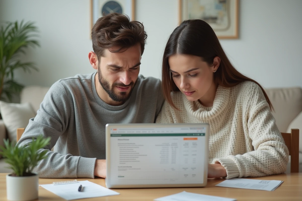 Couple analysant ensemble leurs finances sur un ordinateur portable pour comprendre les frais de découvert bancaire