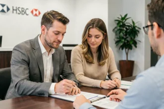 Un couple examine des documents pour ouvrir un compte joint dans une agence bancaire HSBC