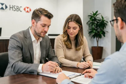 Un couple examine des documents pour ouvrir un compte joint dans une agence bancaire HSBC