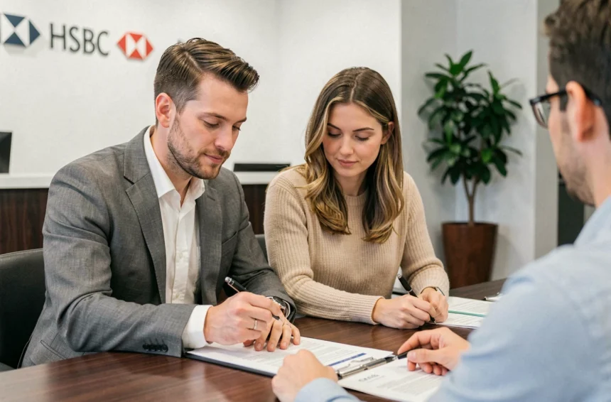 Un couple examine des documents pour ouvrir un compte joint dans une agence bancaire HSBC