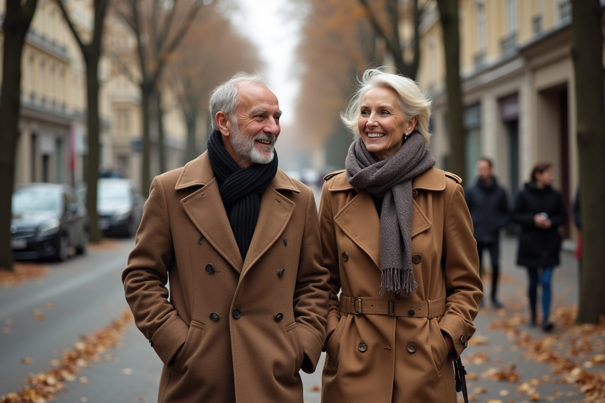 Couple français marche dans une rue parisienne en automne