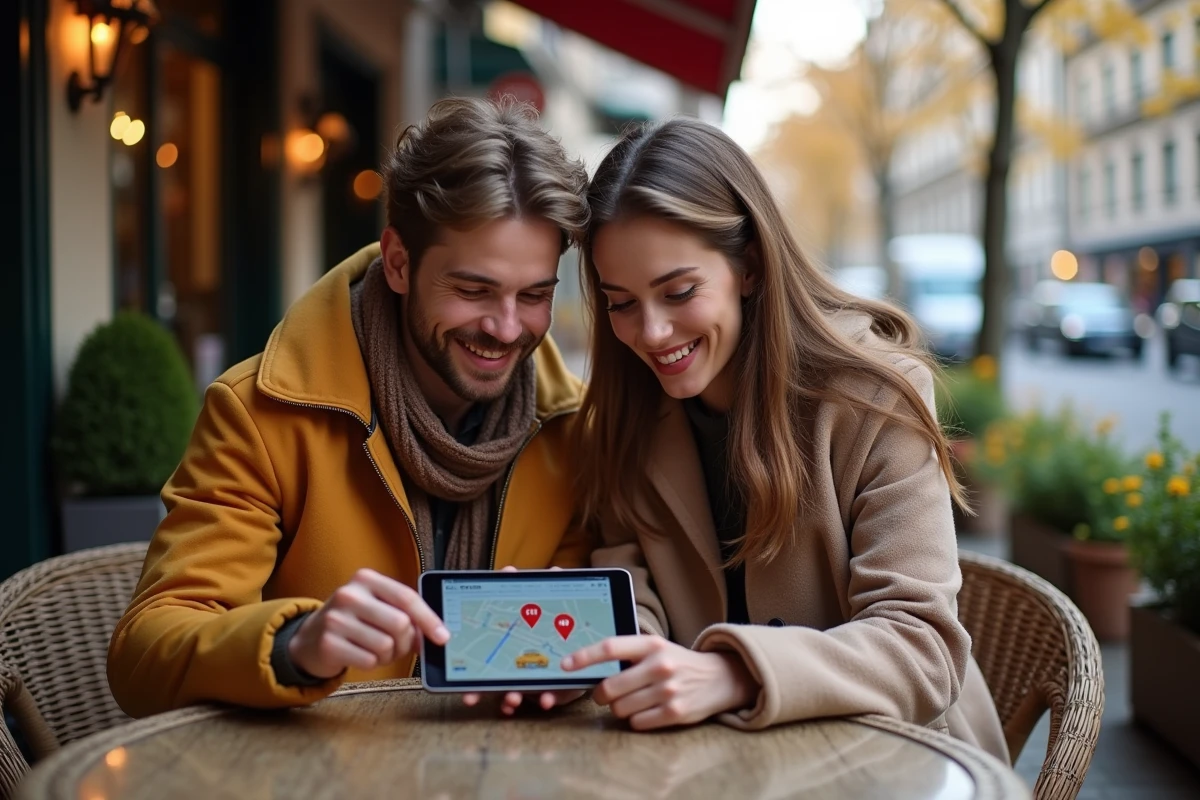 Couple cherchant un distributeur automatique de billets à proximité sur une tablette en terrasse de café