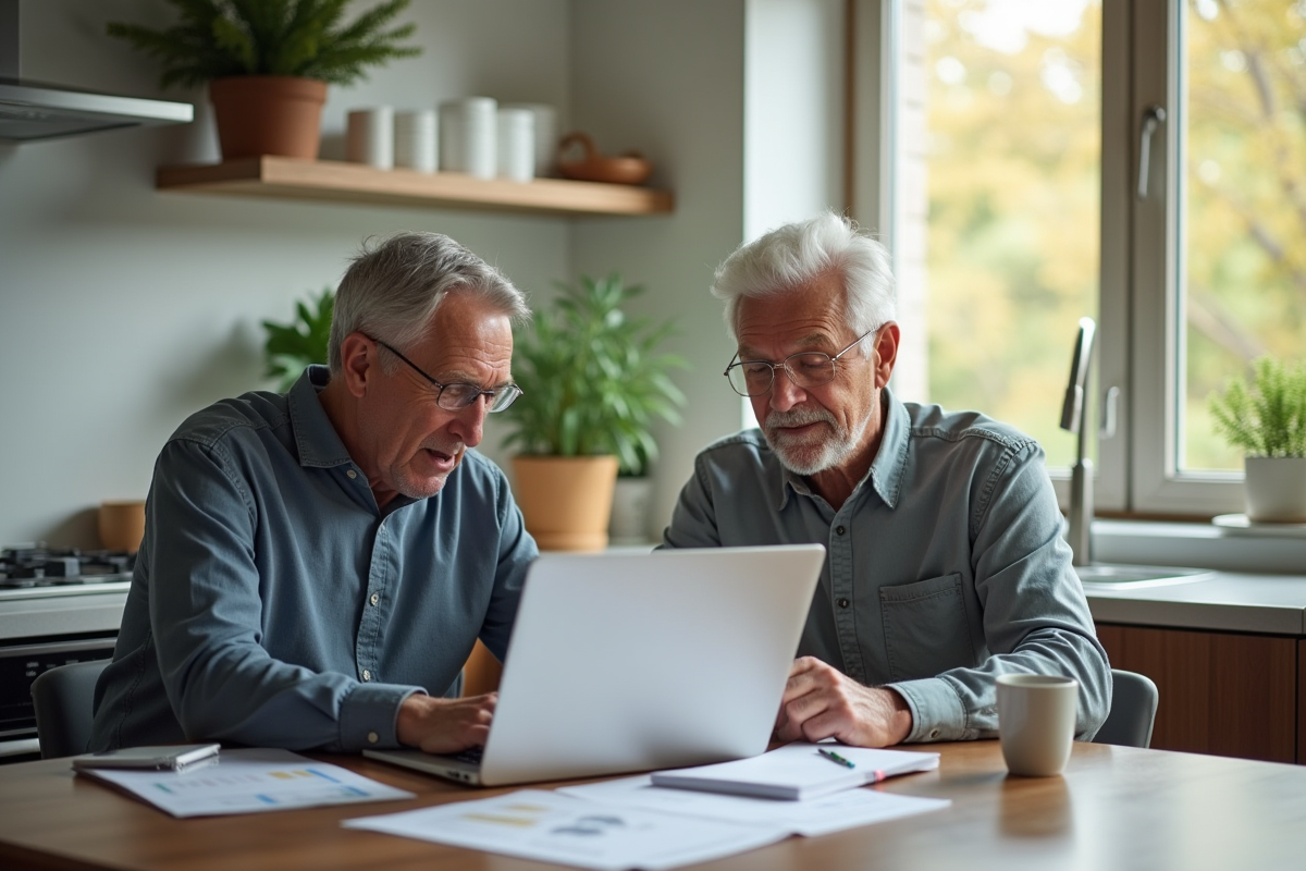 Couple d'âge moyen analysant des documents de retraite