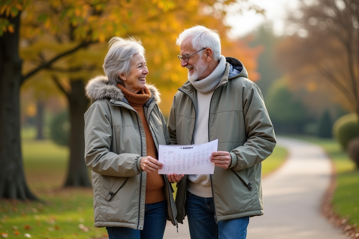 Couple retraité regardant un calendrier dans un parc