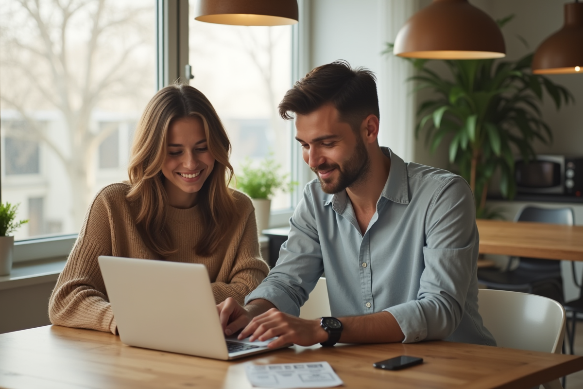 Jeune couple dans un salon moderne avec ordinateur pour simulation de pret