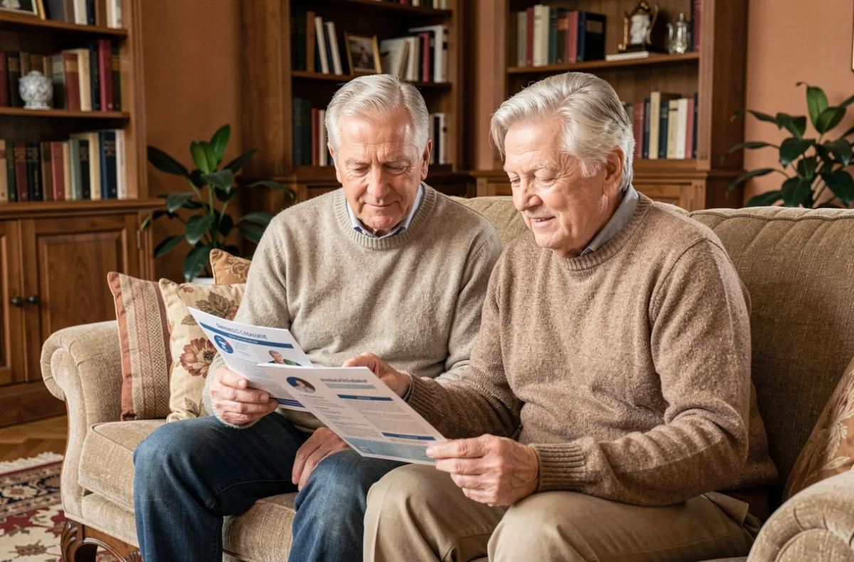 Un couple de seniors examine ensemble une brochure de mutuelle santé Harmony pour comprendre les garanties adaptées à leur âge