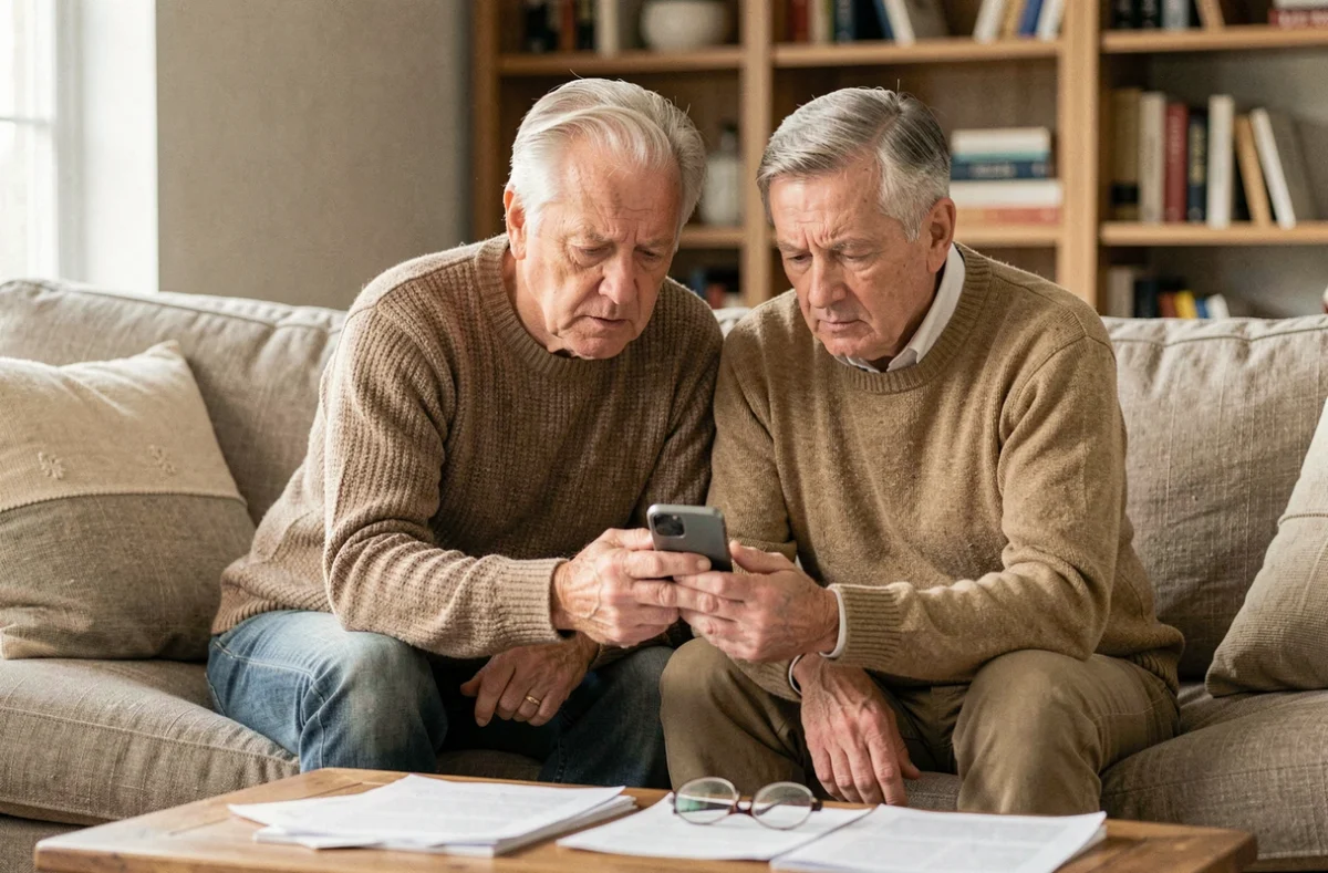 Couple senior examinant ensemble une offre d'assurance téléphone ECA sur smartphone à domicile