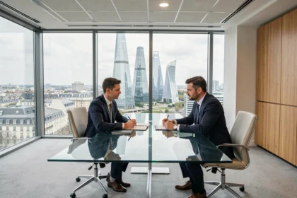 Vue d'ensemble d'un bureau de courtage en assurance dans les Hauts-de-Seine avec La Défense en arrière-plan