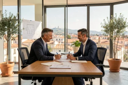 Deux courtiers en crédit immobilier consultent des dossiers dans un bureau moderne avec vue sur la ville de Montpellier