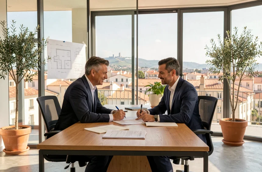 Deux courtiers en crédit immobilier consultent des dossiers dans un bureau moderne avec vue sur la ville de Montpellier