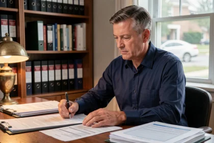 Propriétaire examinant des documents de taxe foncière et de travaux de rénovation sur un bureau en bois dans un bureau à domicile