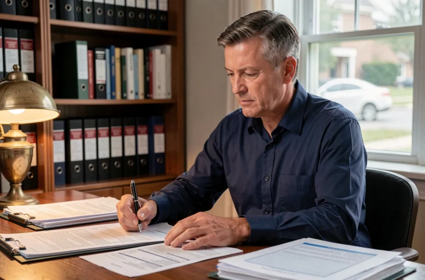 Propriétaire examinant des documents de taxe foncière et de travaux de rénovation sur un bureau en bois dans un bureau à domicile
