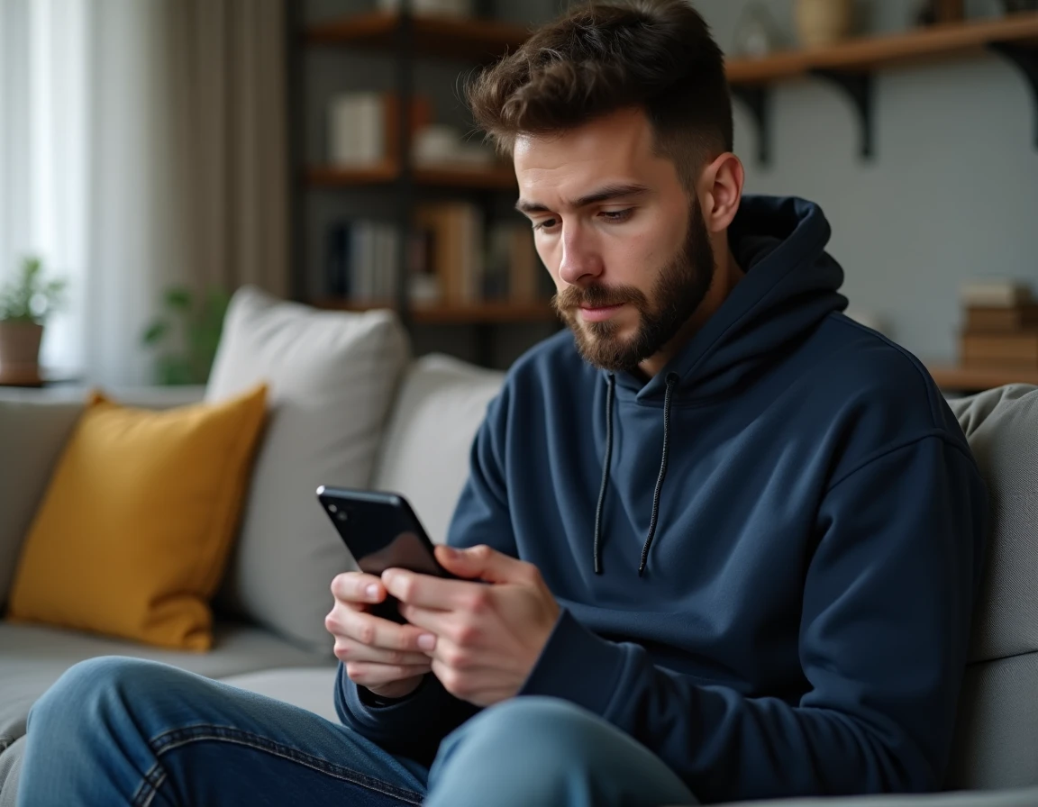 Personne faisant une demande de crédit rapide en ligne sur smartphone depuis son salon