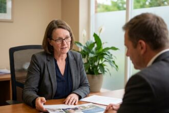Une femme consulte un conseiller funéraire pour obtenir un devis d'obsèques dans un bureau professionnel calme