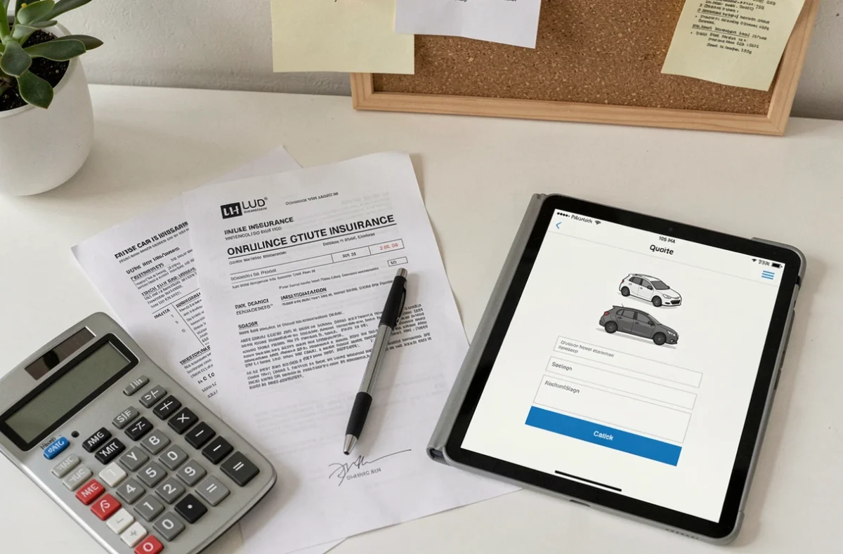 Documents d'assurance auto imprimés et tablette avec devis en ligne sur un bureau de travail