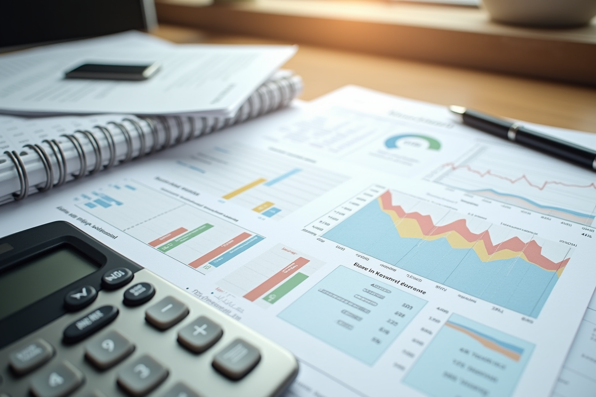 Documents financiers et calculatrice sur bureau en intérieur