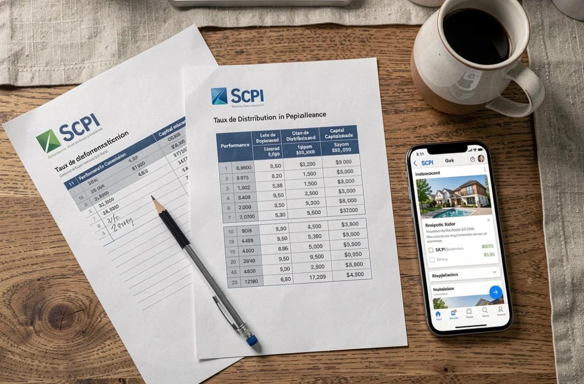 Documents de performance SCPI et tableau de bord immobilier sur un bureau de télétravail, vue de dessus