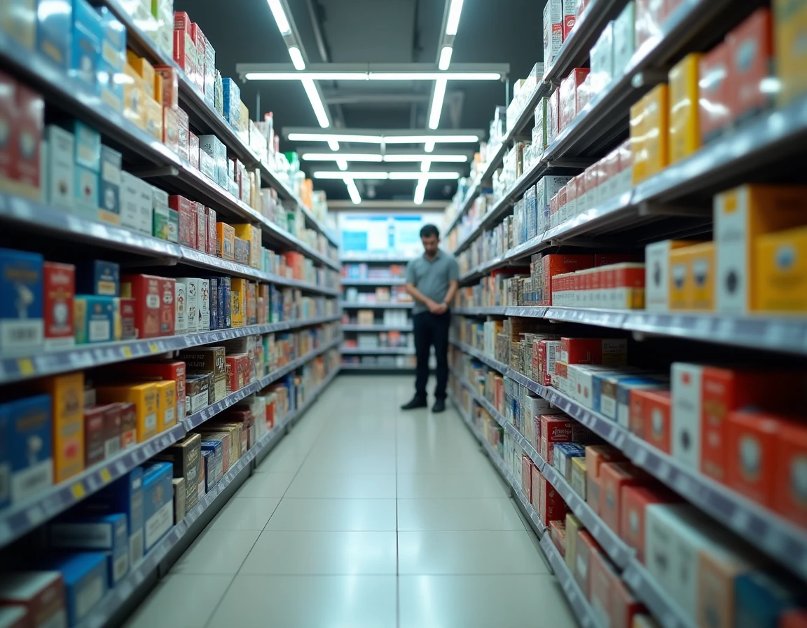 Intérieur d'un magasin duty-free espagnol avec rayons de cartouches de cigarettes et étiquettes de prix visibles