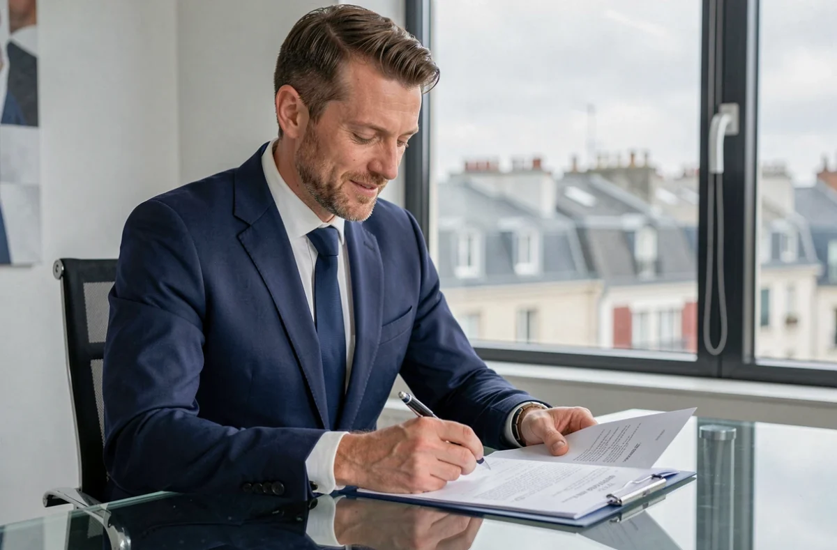 Courtier Edouard Alexandre consultant un dossier client dans un bureau moderne avec vue sur les toits parisiens