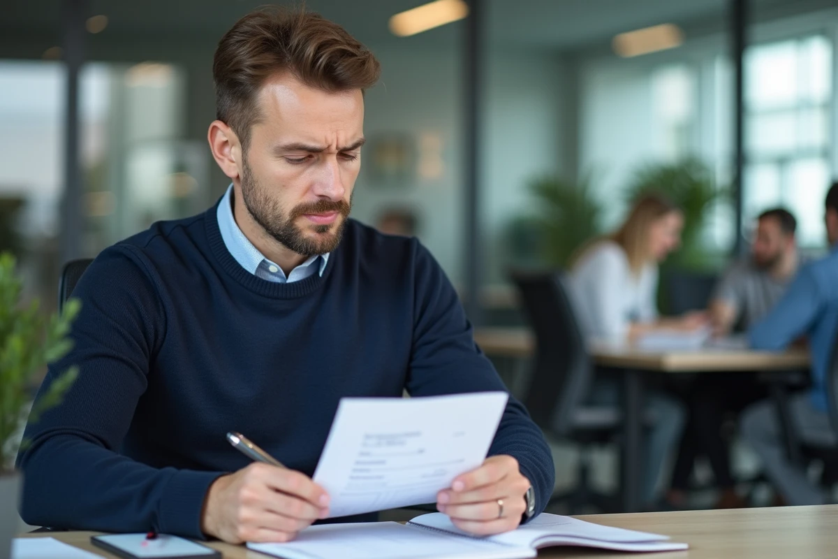 Employé analysant sa fiche de paie et ses notes sur les indemnités kilométriques dans un bureau moderne