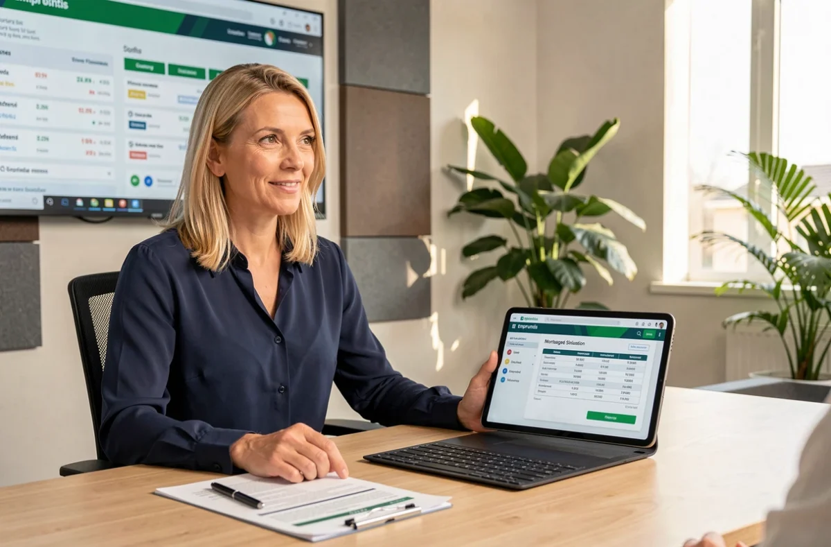 Conseillère Empruntis simulant un prêt immobilier sur tablette numérique dans un espace de travail contemporain