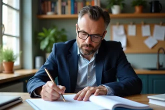 Professeur homme en train de vérifier son budget mensuel dans un appartement moderne