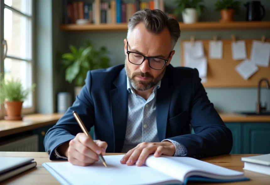 Professeur homme en train de vérifier son budget mensuel dans un appartement moderne