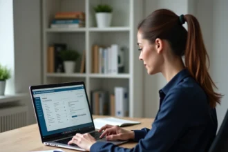 Enseignante consultant ses bulletins de salaire sur le portail ENSAP depuis son bureau à domicile