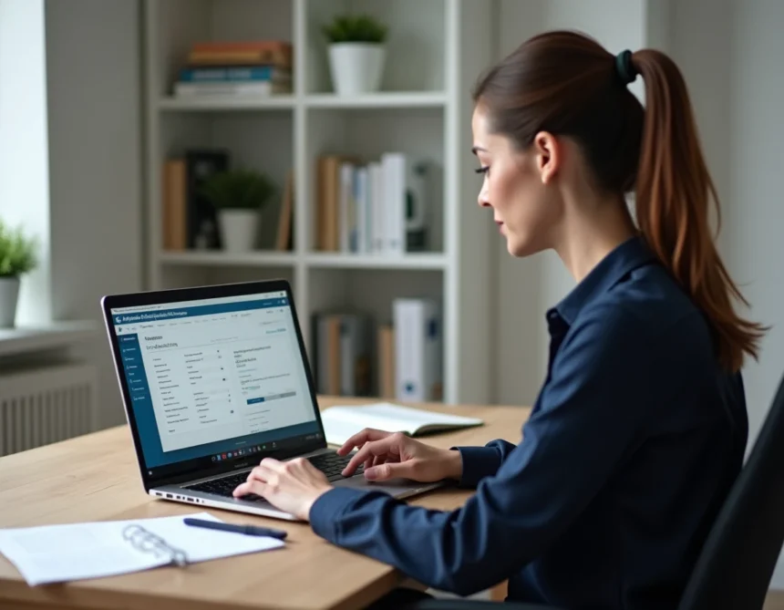 Enseignante consultant ses bulletins de salaire sur le portail ENSAP depuis son bureau à domicile