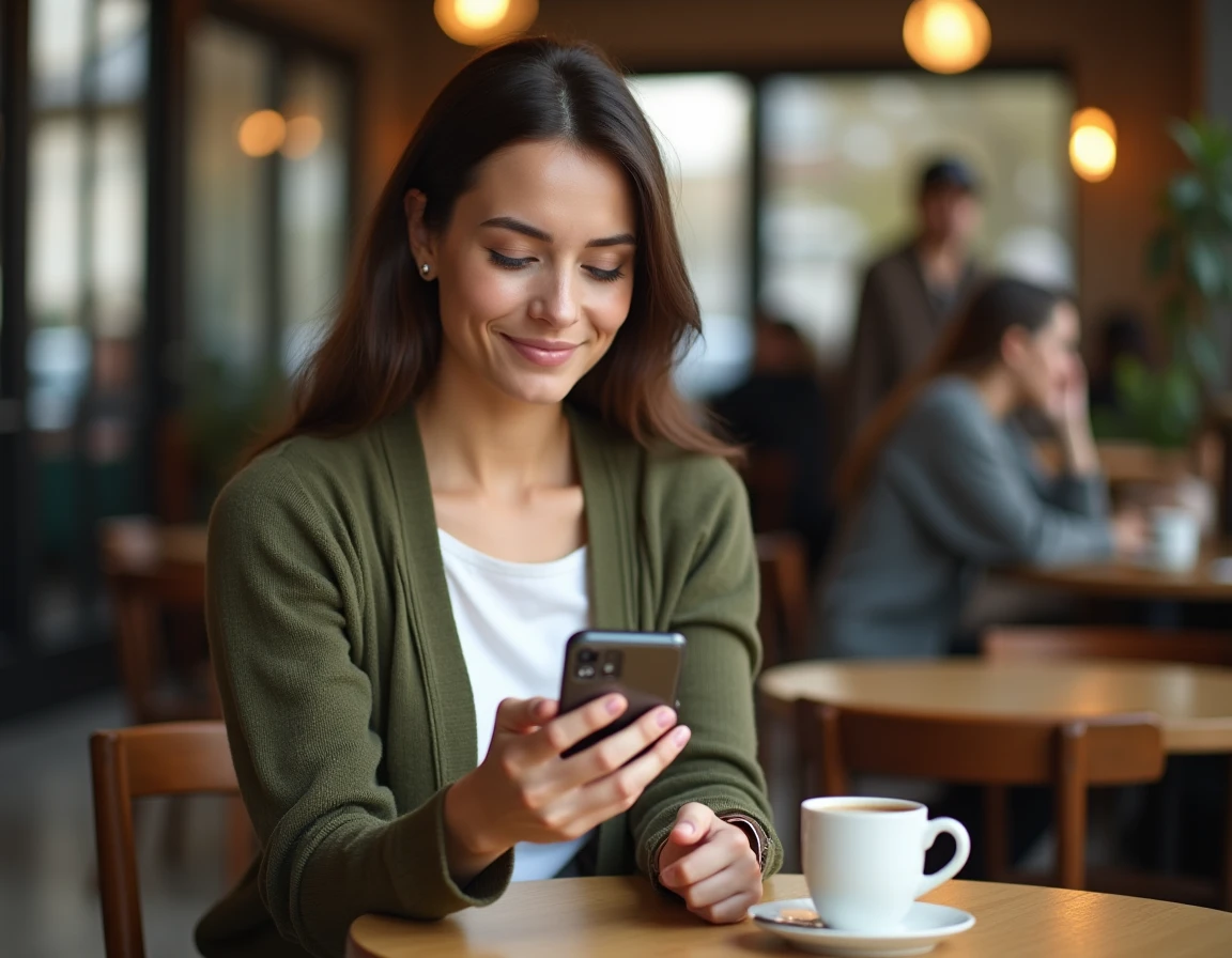 Jeune enseignante consultant l'ENSAP sur smartphone dans un café pour accéder à ses bulletins de salaire