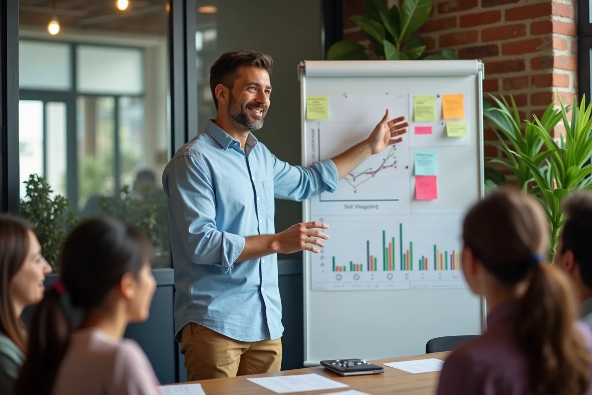 Homme entrepreneur expliquant des stratégies devant une équipe en coworking