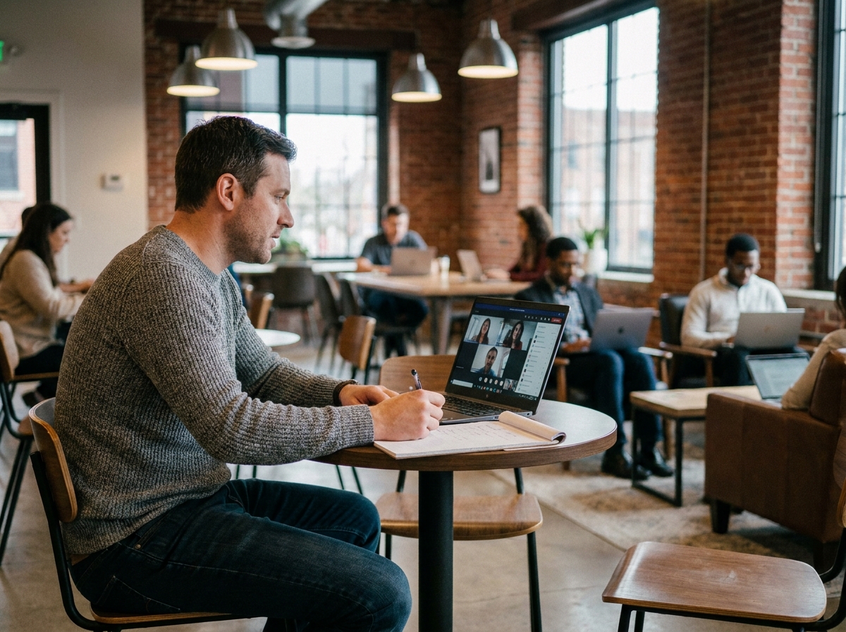 Un entrepreneur utilisant Microsoft Teams en télétravail depuis un espace de coworking moderne