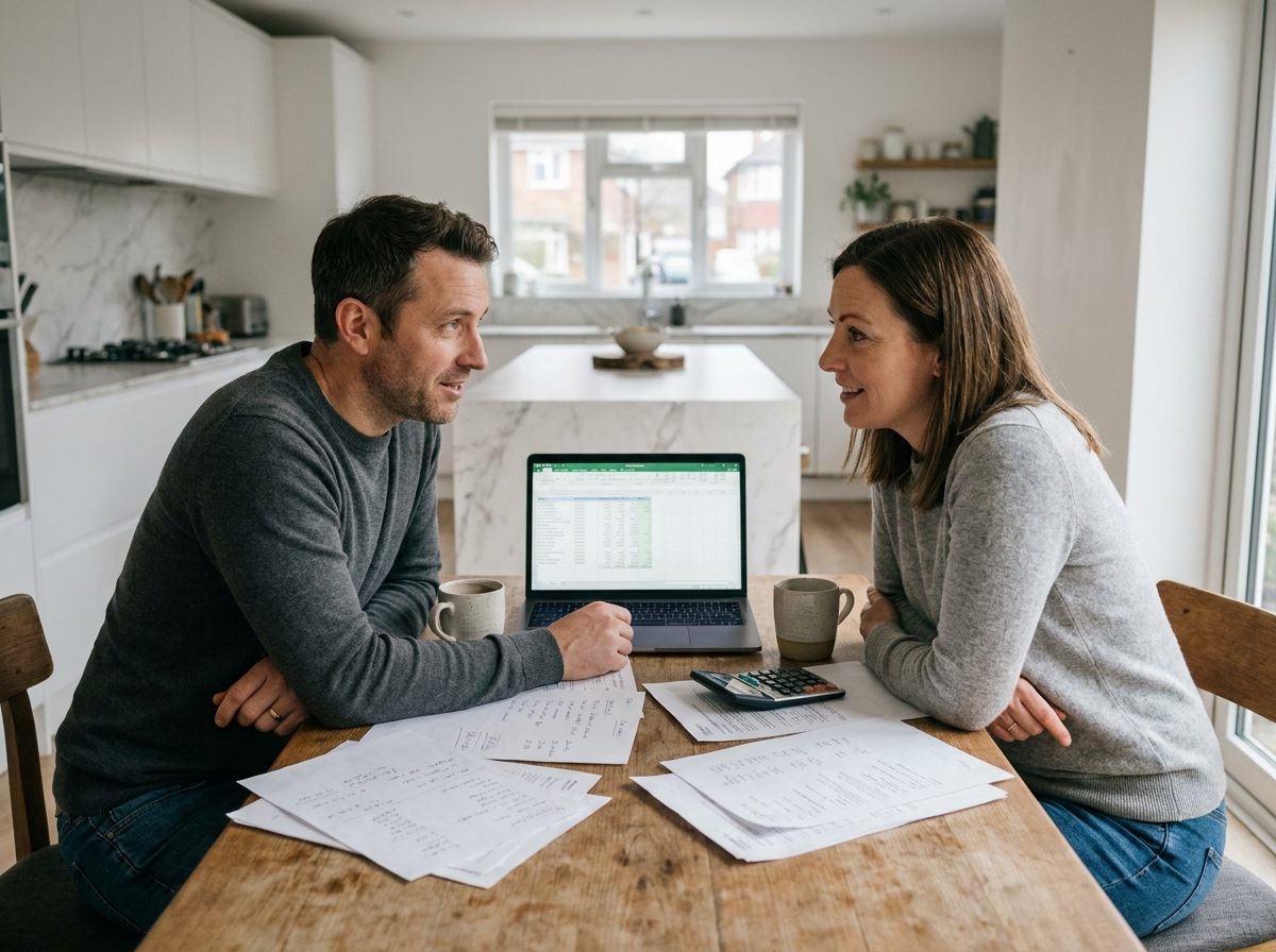 Couple discutant de leur stratégie d'épargne autour d'un ordinateur portable et de documents financiers dans une cuisine moderne