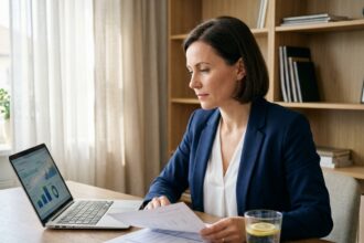 Femme de 40 ans analysant ses placements financiers sur un bureau à domicile avec documents et ordinateur portable