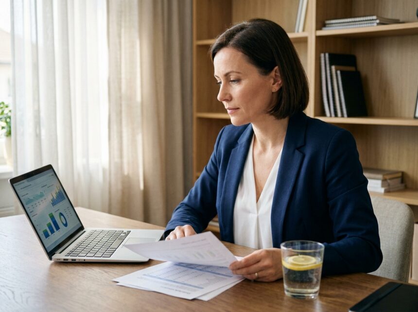 Femme de 40 ans analysant ses placements financiers sur un bureau à domicile avec documents et ordinateur portable