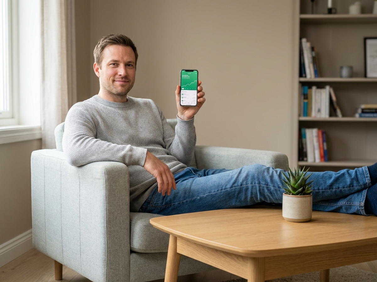 Homme dans la trentaine consultant une application d'épargne sur smartphone dans un salon contemporain