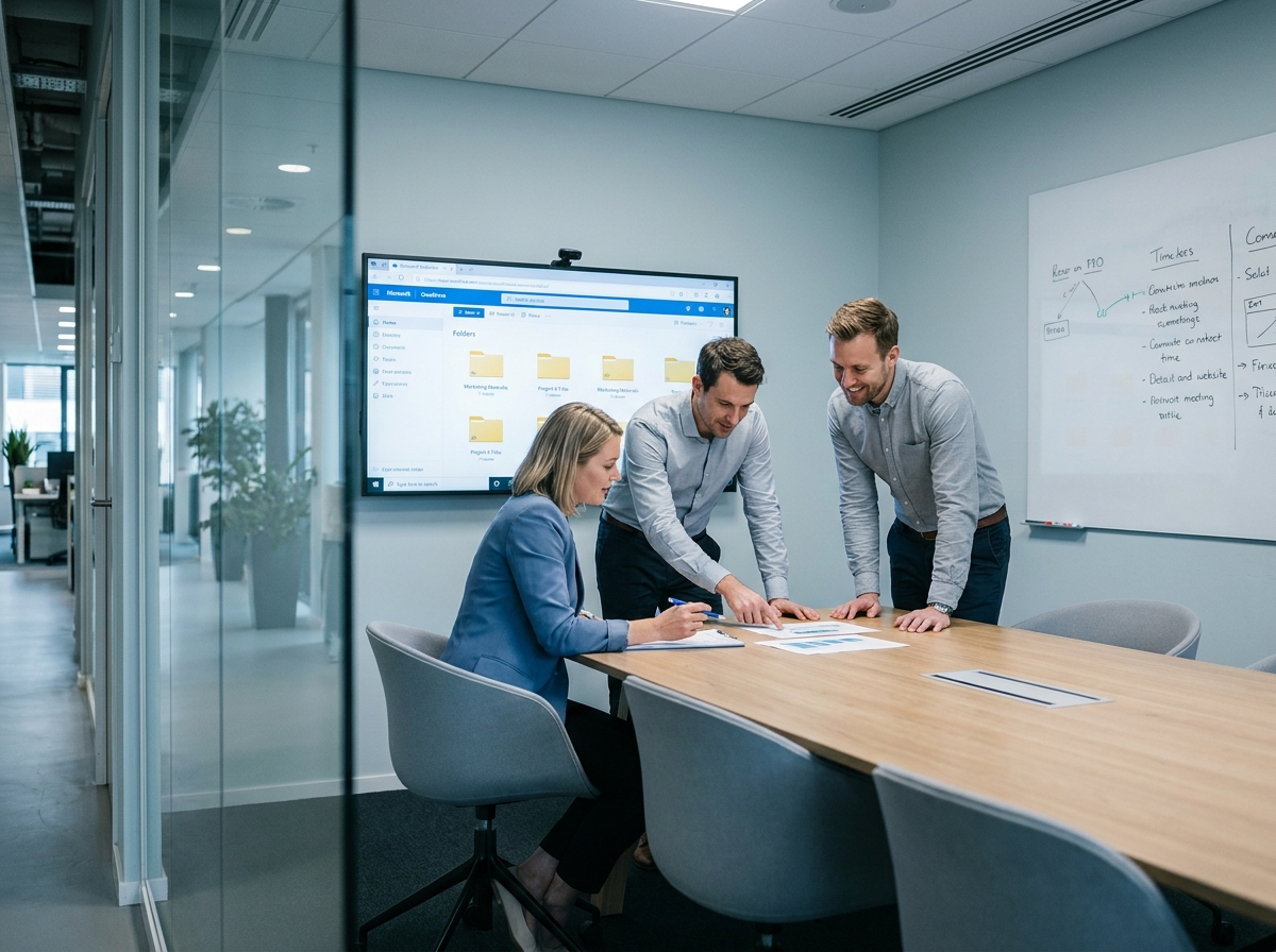 Une équipe de PME en réunion autour de documents partagés via Office 365 SharePoint et OneDrive