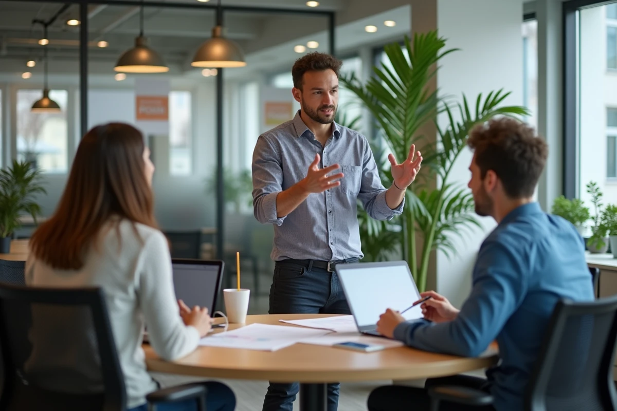 Équipe de startuppers répétant leur pitch en groupe dans un incubateur parisien avant présentation au comité FRCI
