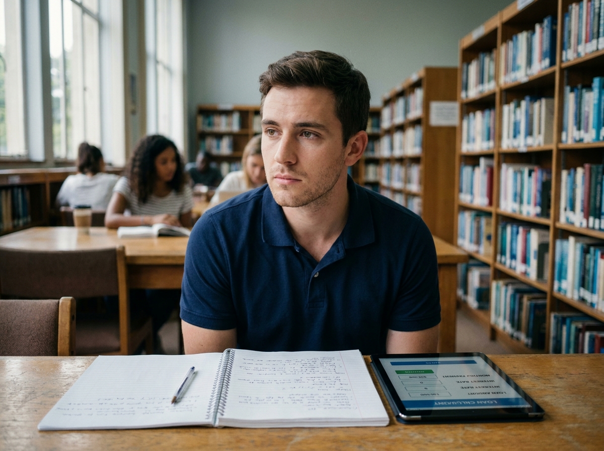 Étudiant consultant un simulateur de prêt sur tablette dans une bibliothèque universitaire avec un cahier de notes ouvert