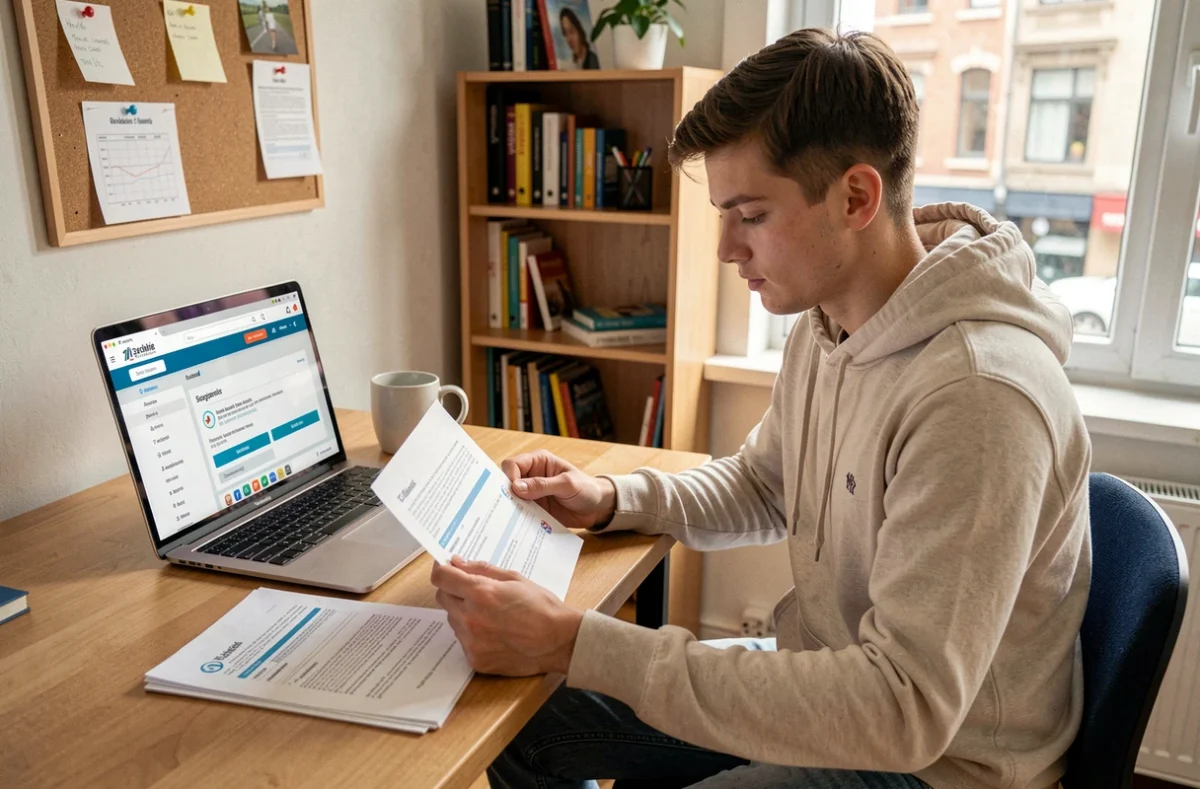 Étudiant analysant des documents d'assurance auto sur son bureau dans un appartement