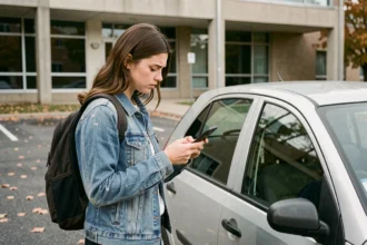 Étudiante comparant des offres d'assurance auto sur son smartphone dans un parking universitaire