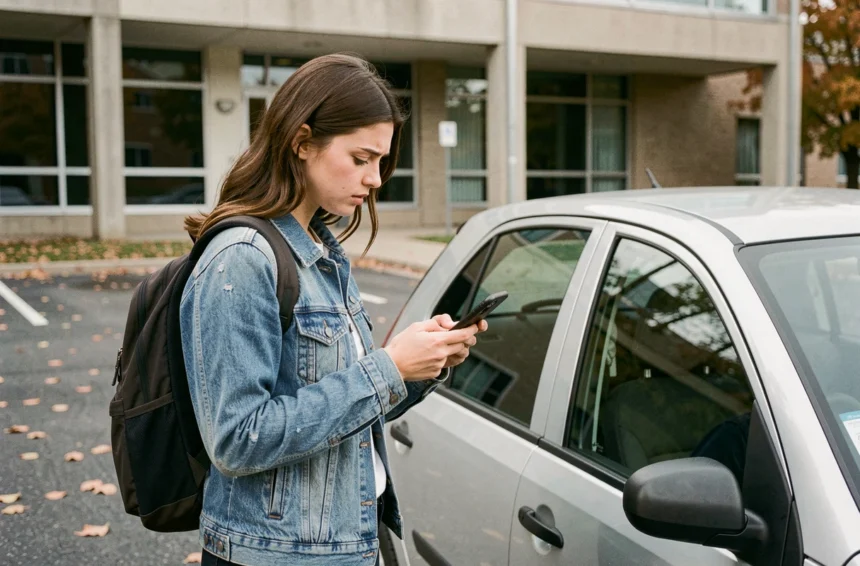 Étudiante comparant des offres d'assurance auto sur son smartphone dans un parking universitaire