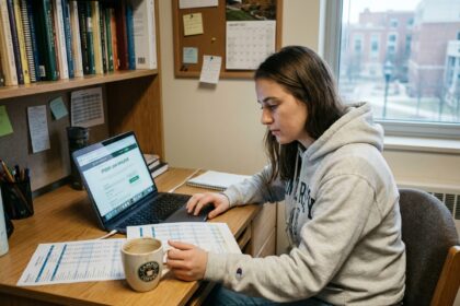 Étudiante simulant un prêt étudiant sur son ordinateur portable dans son appartement avec des feuilles de budget éparpillées sur le bureau