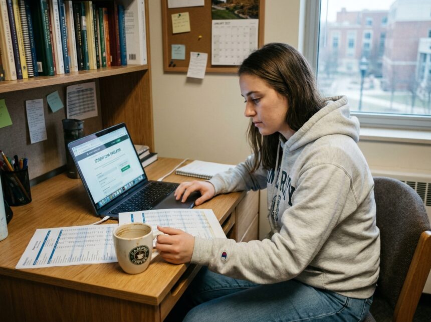 Étudiante simulant un prêt étudiant sur son ordinateur portable dans son appartement avec des feuilles de budget éparpillées sur le bureau