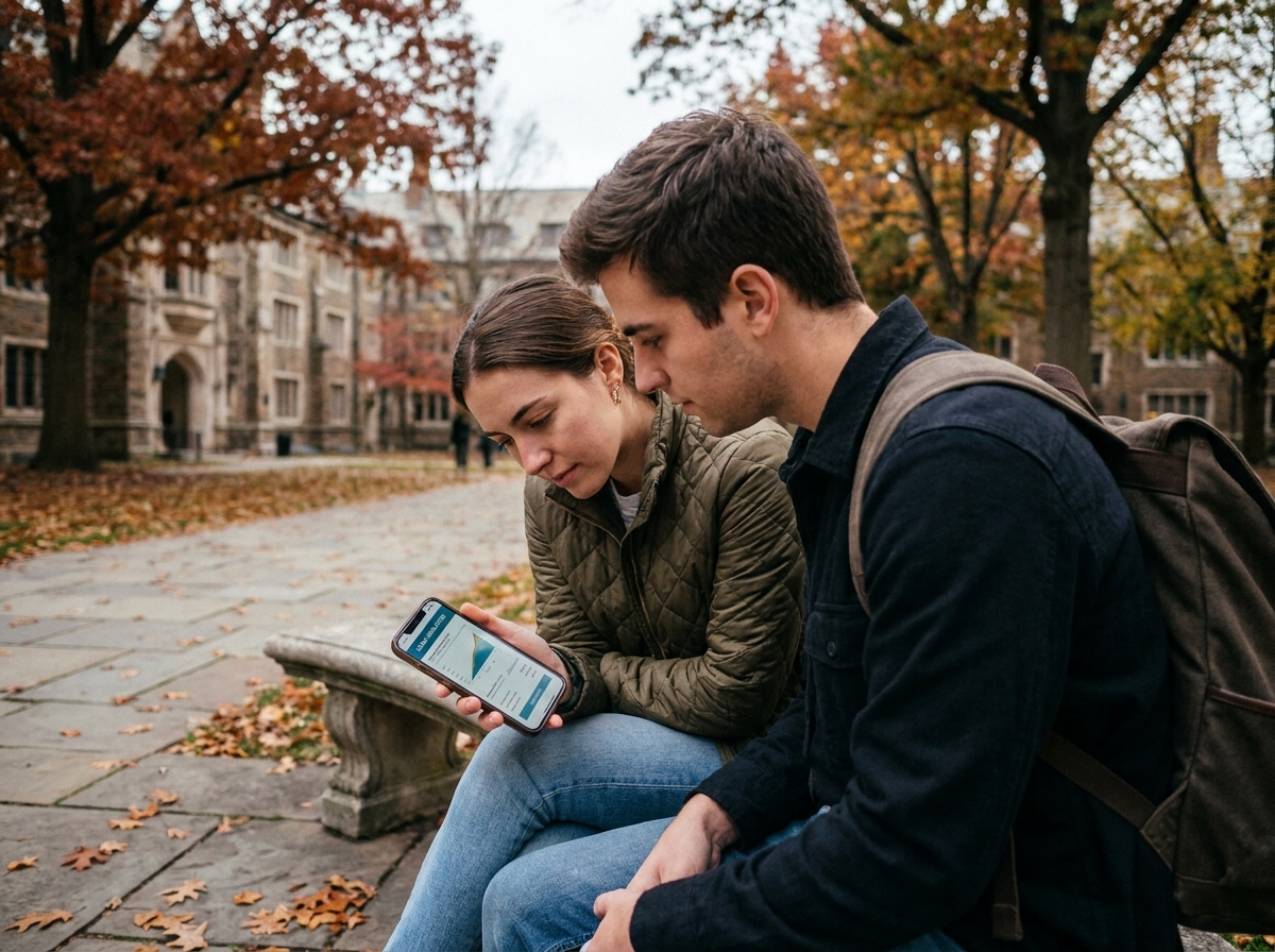 Deux étudiants consultant ensemble une application de simulation de prêt étudiant sur un banc du campus universitaire en automne