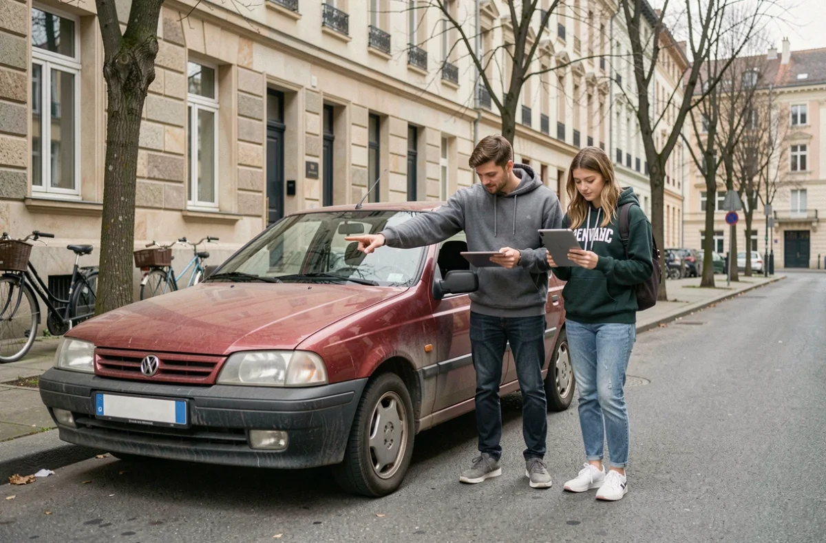 Deux étudiants discutant d'assurance auto bon marché devant une voiture dans une rue résidentielle