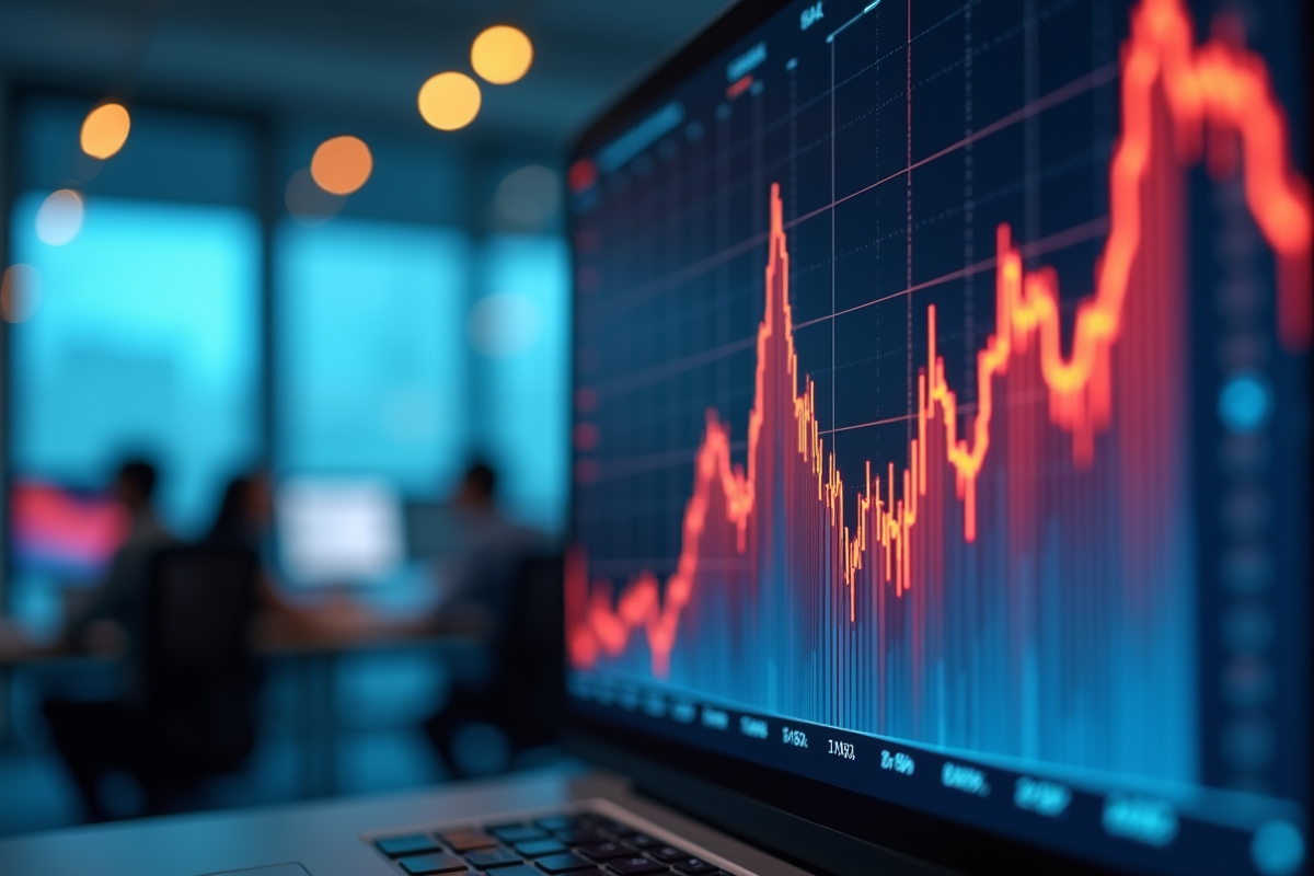 Ecran numérique montrant une courbe ascendante dans un bureau moderne